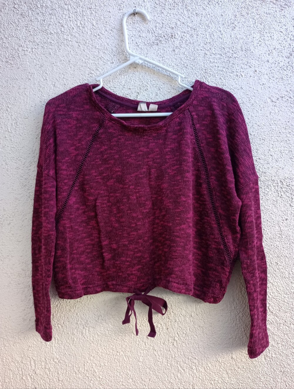 Roxy Marbled Berry Purple Eyelet Knit Cropped Tie Front Sweater Athleisure XS
